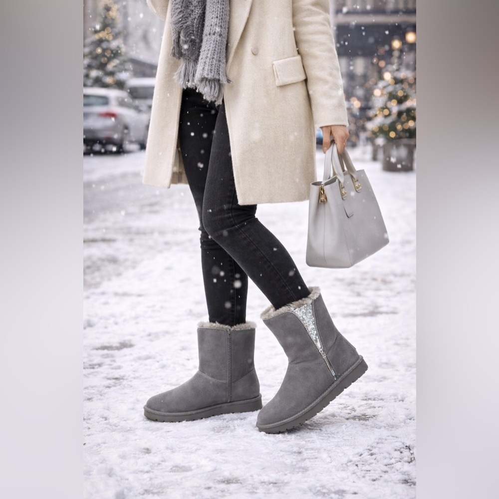 UGG Swarovski Crystal Zip Gray Sheepskin Boots Women 8 Winter - Picture 11 of 12